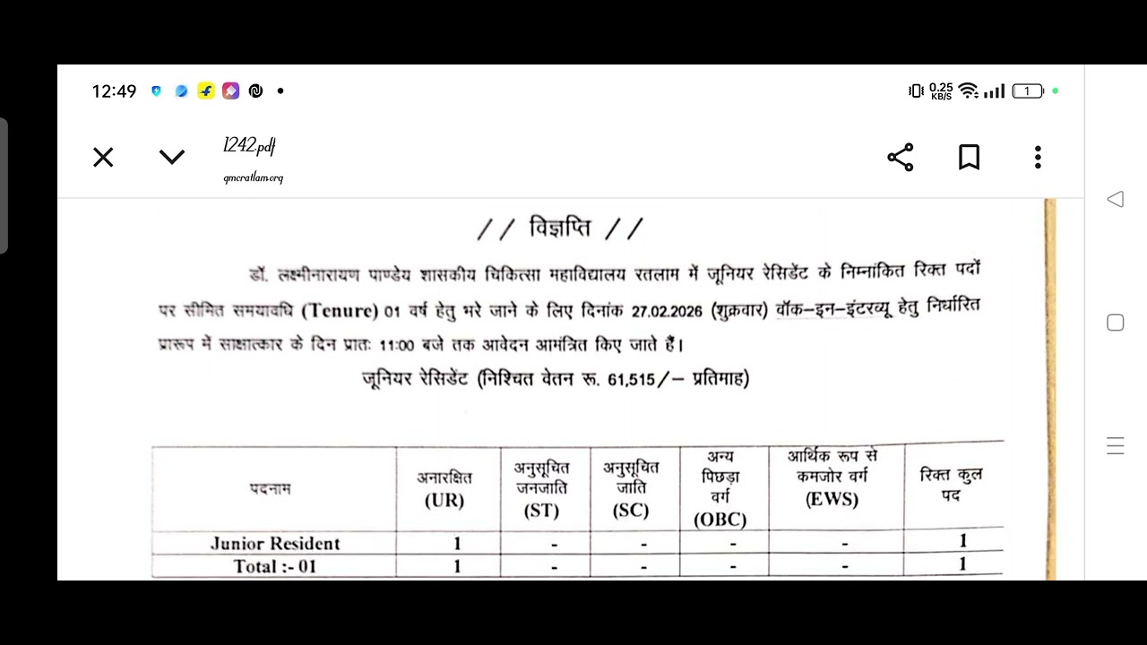 रतलाम मेडिकल कॉलेज /NEW RECRUITMENT 2026/JR POST/ DOCTOR JR/MBBS/NURSING/TECHNICIAN/RADIOGRAPHER 