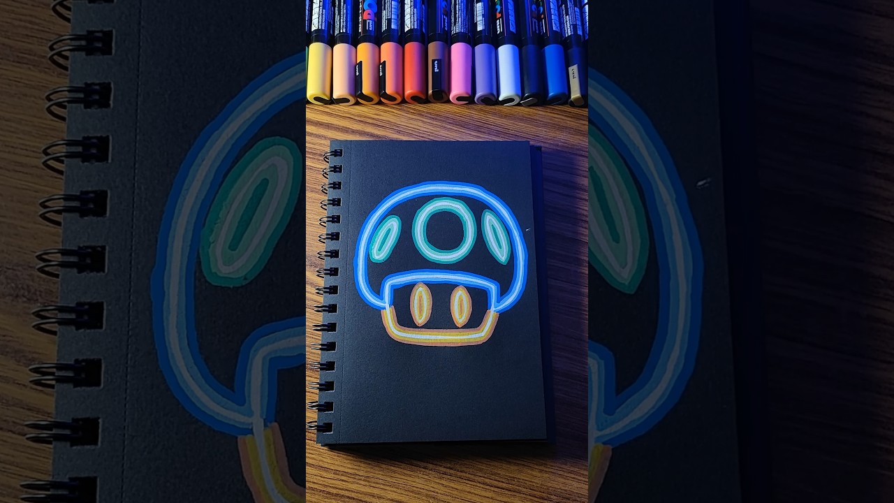 Mario mushroom with Neon technique ✨#trendingart #artistomg #viralart #poscamarkers #posca #neon