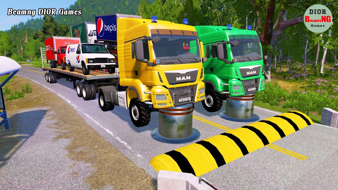 Double Flatbed Trailer Truck vs speed bumps|Busses vs speed bumps|Beamng Drive|240