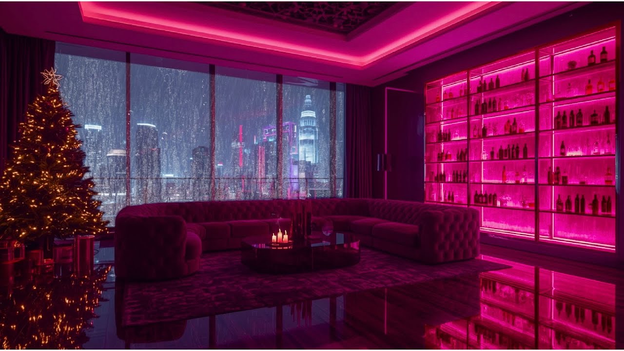 Neon Christmas Lounge in the Rain 🎄🌧️ 8 Hours of Lofi Beats for Deep Focus & Cozy Sleep