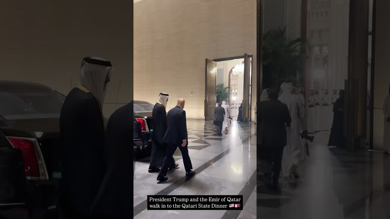 President Trump and the Emir of Qatar walk in to the Qatari State Dinner 🫡🤝 #donaldtrump #trump