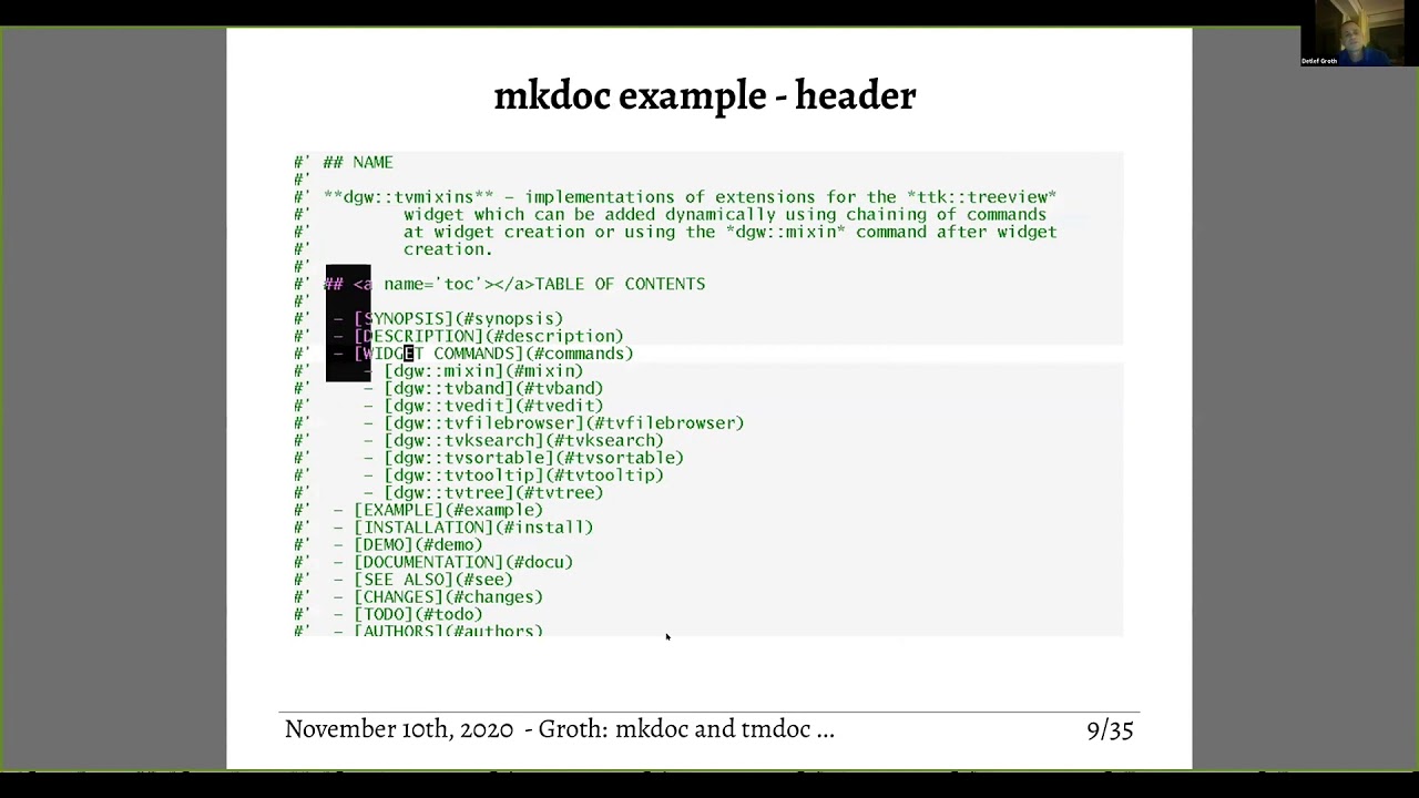 Tcl meets text - writing code documentation with code using mkdoc & tmdoc by Detlef Gròth