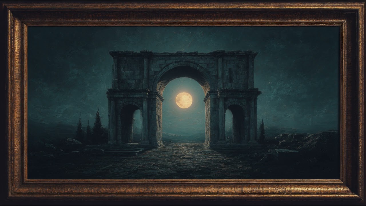 Moonlit Ancient Arch Painting | TV Art with Gold Frame | Fantasy Ruins Screensaver | 8 Hours