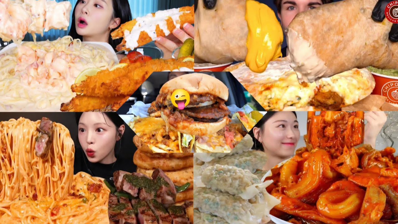  MUKBANGERS DIFFERENT FOOD PLATTER MUKBANG CHEESE BURRITO+CREAM PASTA& MANDU DUMPLINGS BIG BITES