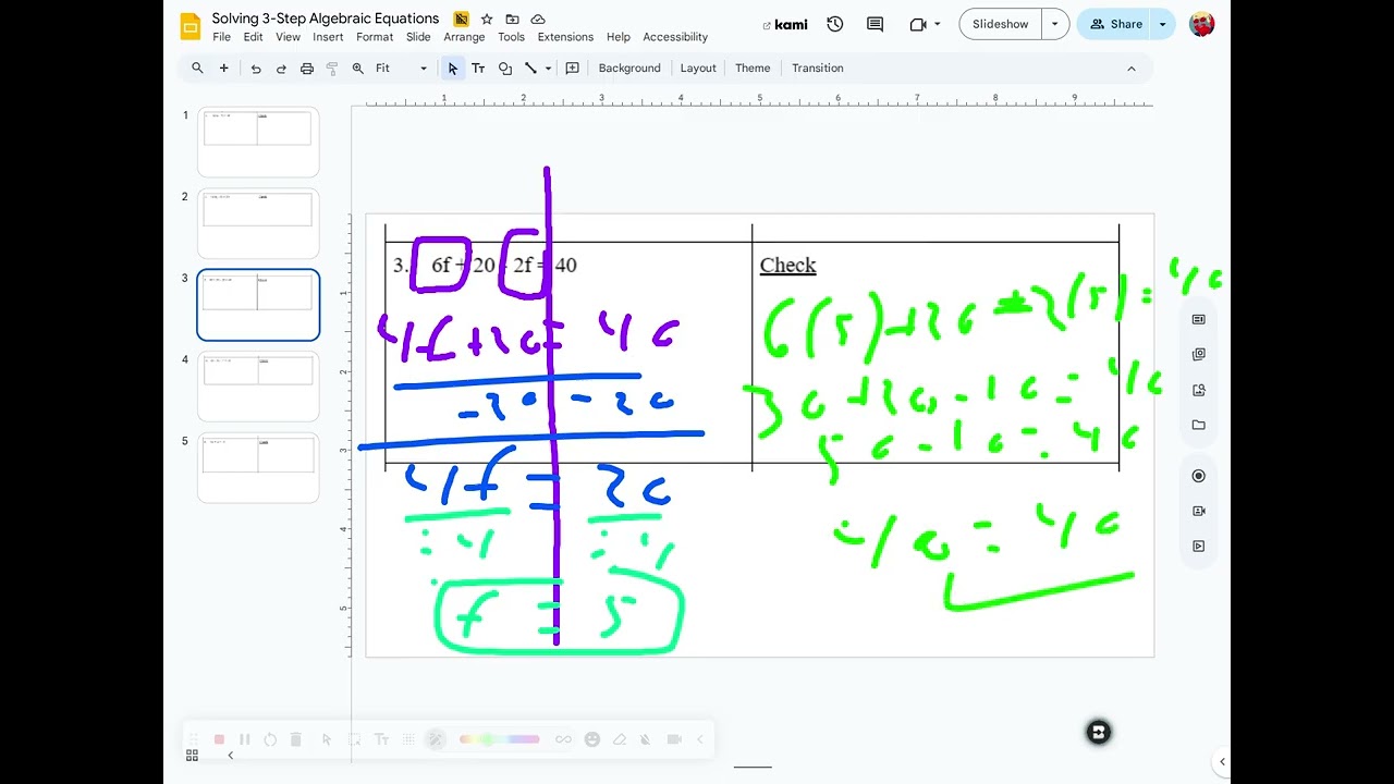 Solving 3-Step Algebraic Equations - Google Slides - Screencastify - February 12, 2026 3:52 PM