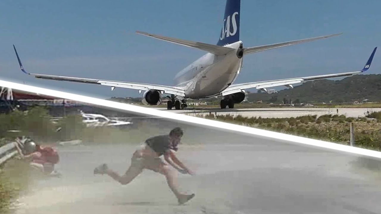 JET BLAST throws person on the ground! SAS 737 at the Second St Maarten! Skiathos 737 Takeoff!