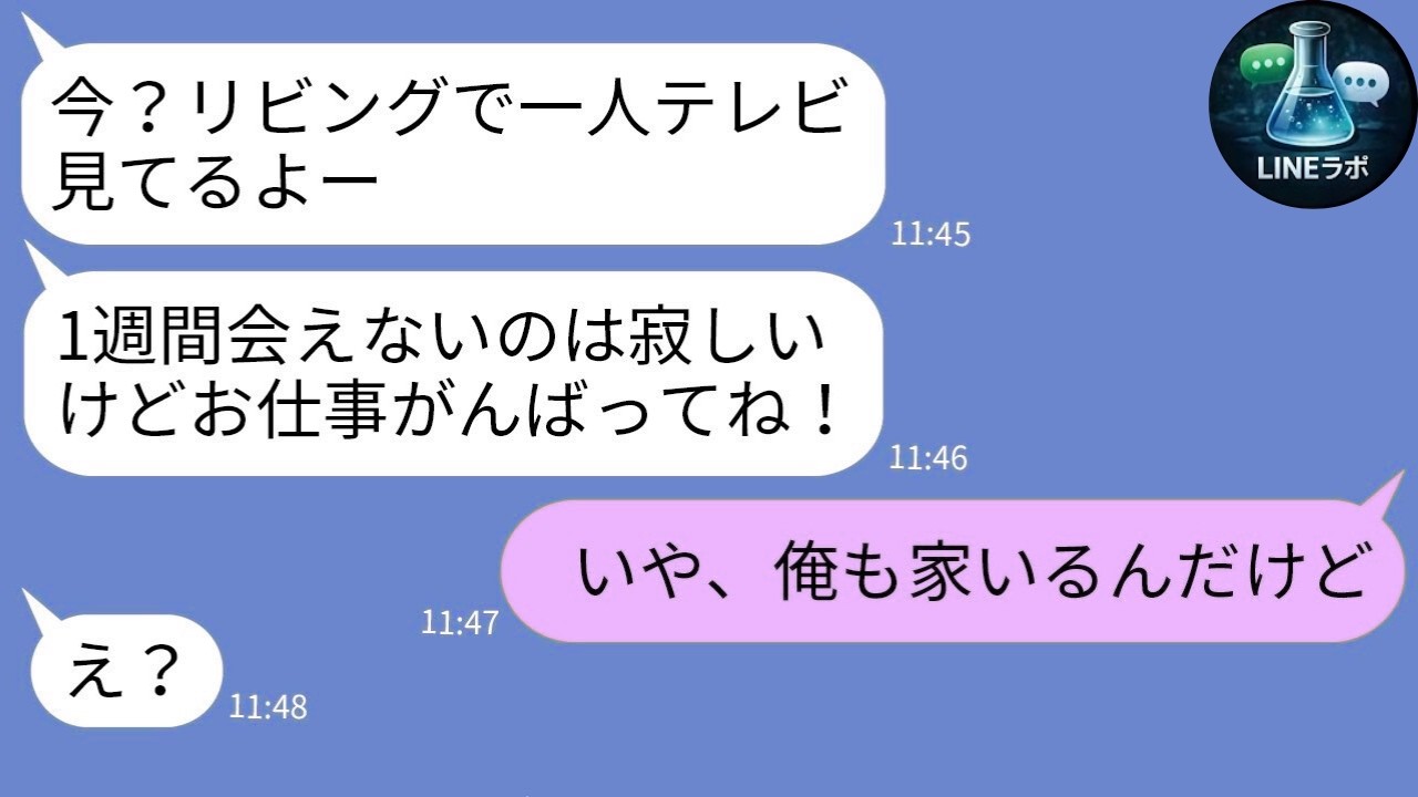【LINE】出張から帰宅した夫が嫁の浮気現場に遭遇→「家で一人でテレビ見てるよ？」と嘘…夫「俺も今家にいるけど？」と伝えた瞬間ｗ