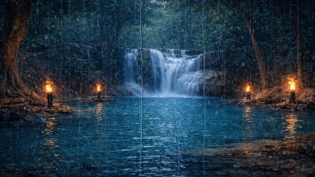 Healing Waterfall & Forest Ambience 🌿🔥  Relaxing Nature Sounds for Deep Sleep, Meditation & Stress