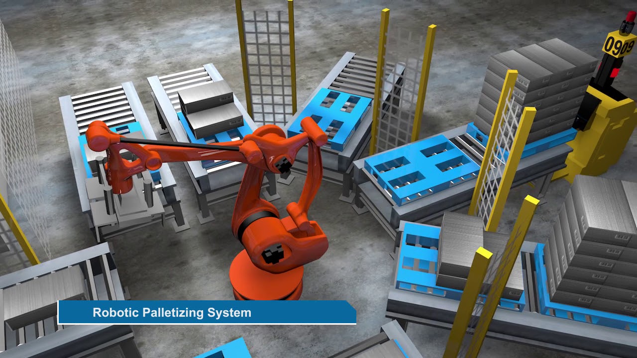Automated Storage and retrieval System ASRS. AGV Automated guided vehicle. Robotic palletizing sys.