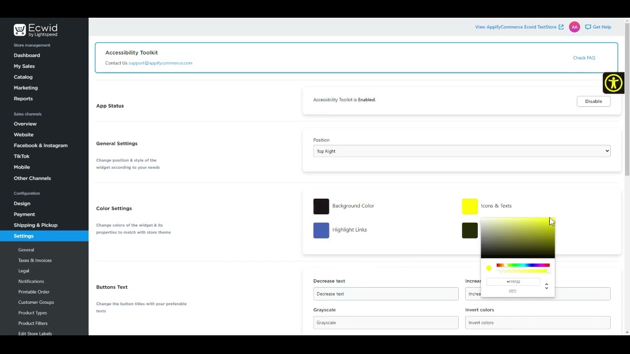 Color Setting In Accessibility Toolkit (Ecwid) 