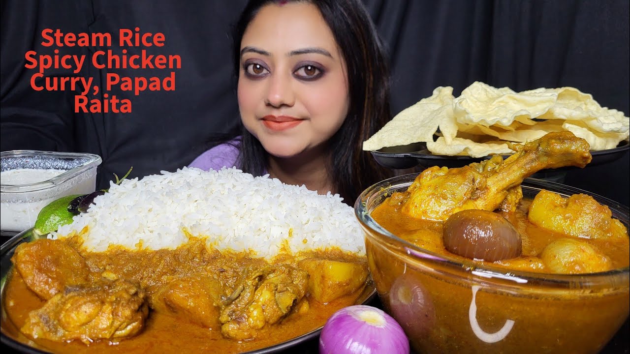 ASMR EATING Steam Rice, Spicy Chicken Curry With Alu, Papar, Raita | Mukbang | Big Bites Eating Show