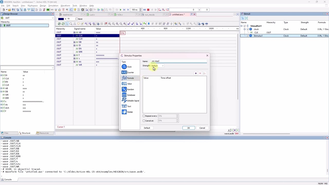 4.4 - Active-HDL™ (v15.0) Tools: Manual Stimuli Using the Stimuli Properties Window