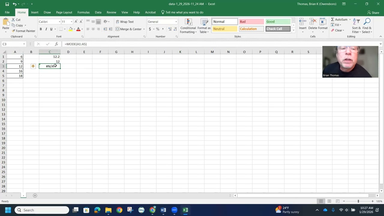 12.2 Mean Median. and Mode Q1 and Q3 using Excel