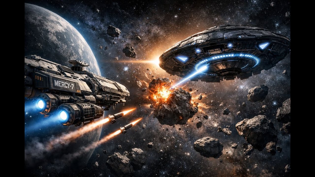 UFO Ambush During Space Salvage — Missiles vs Laser (Asteroid Explosion)