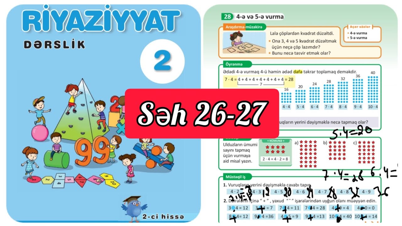 2-ci sinif Riyaziyyat dərslik səh 26,27. 2ci hissə. 4-ə və 5-ə vurma