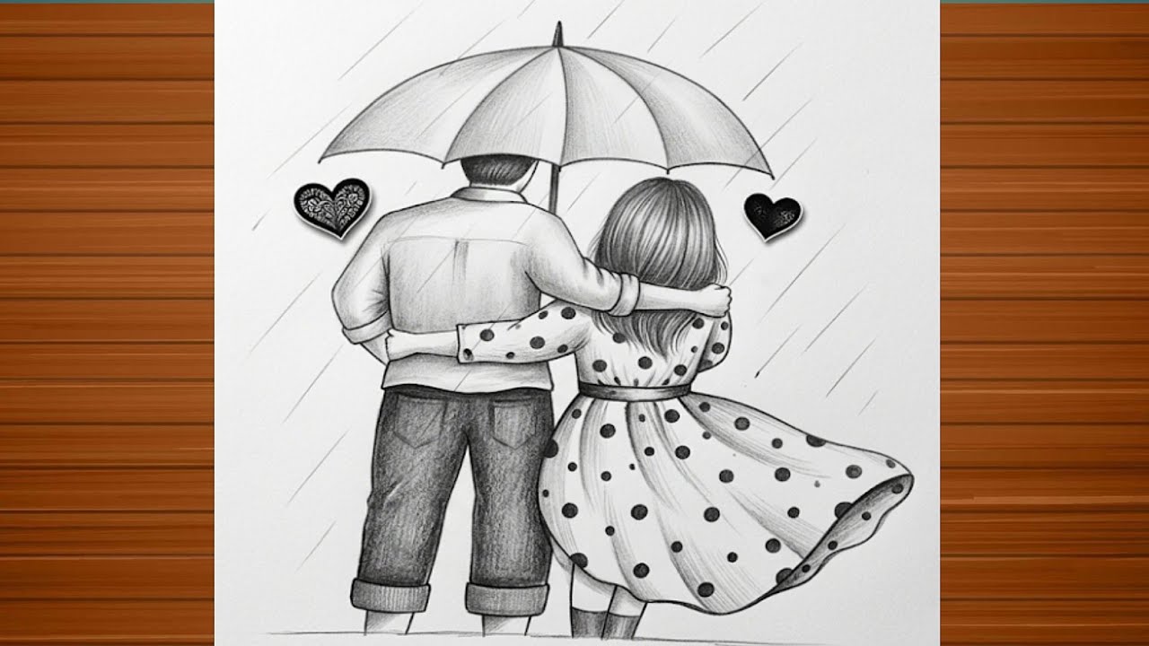 Drawing Romantic couple with Umbrella / Couple drawing Easy / How to Draw a Beautiful Couple 