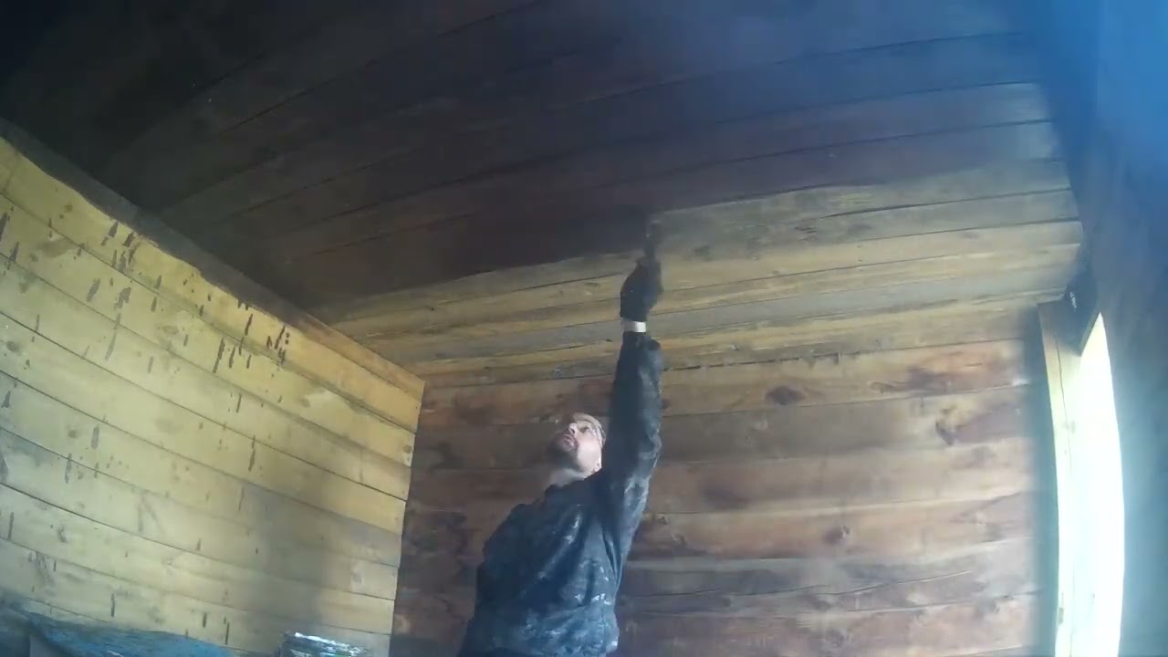 Покраска потолка и стен из пихтовой доски
