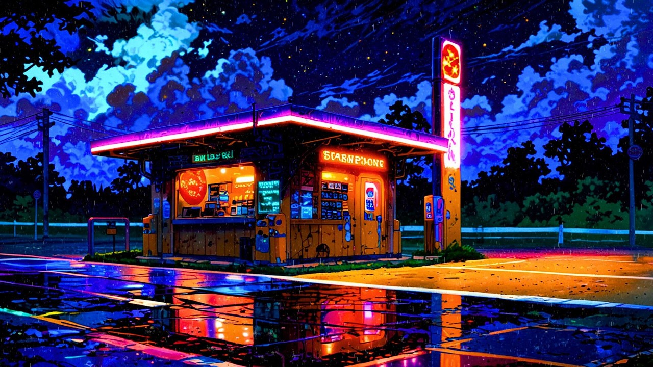 90s Midnight Rain at a Lonely Neon Gas Station 🌧️ | Lofi Beats to Chill & Focus