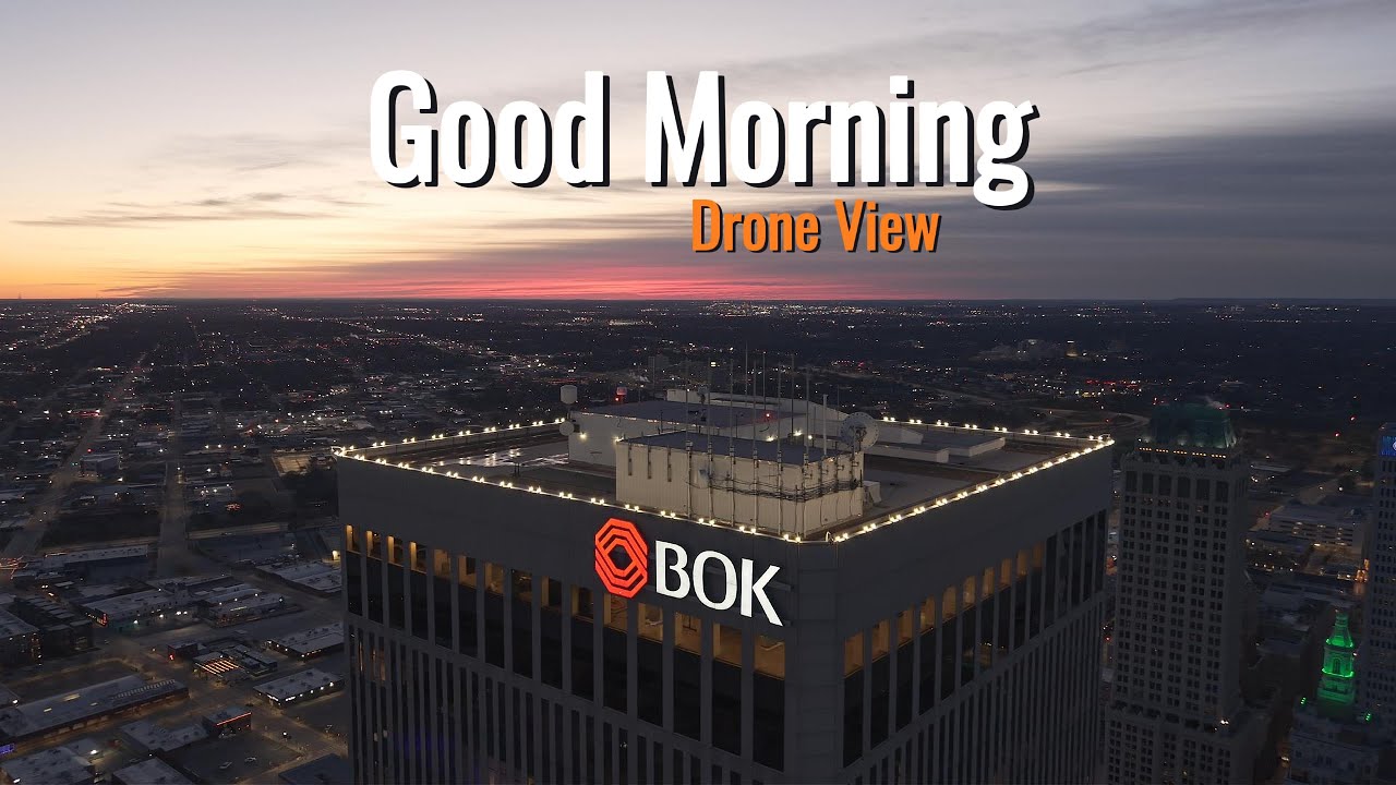 Tulsa Downtown Sunrise. Drone footage. 