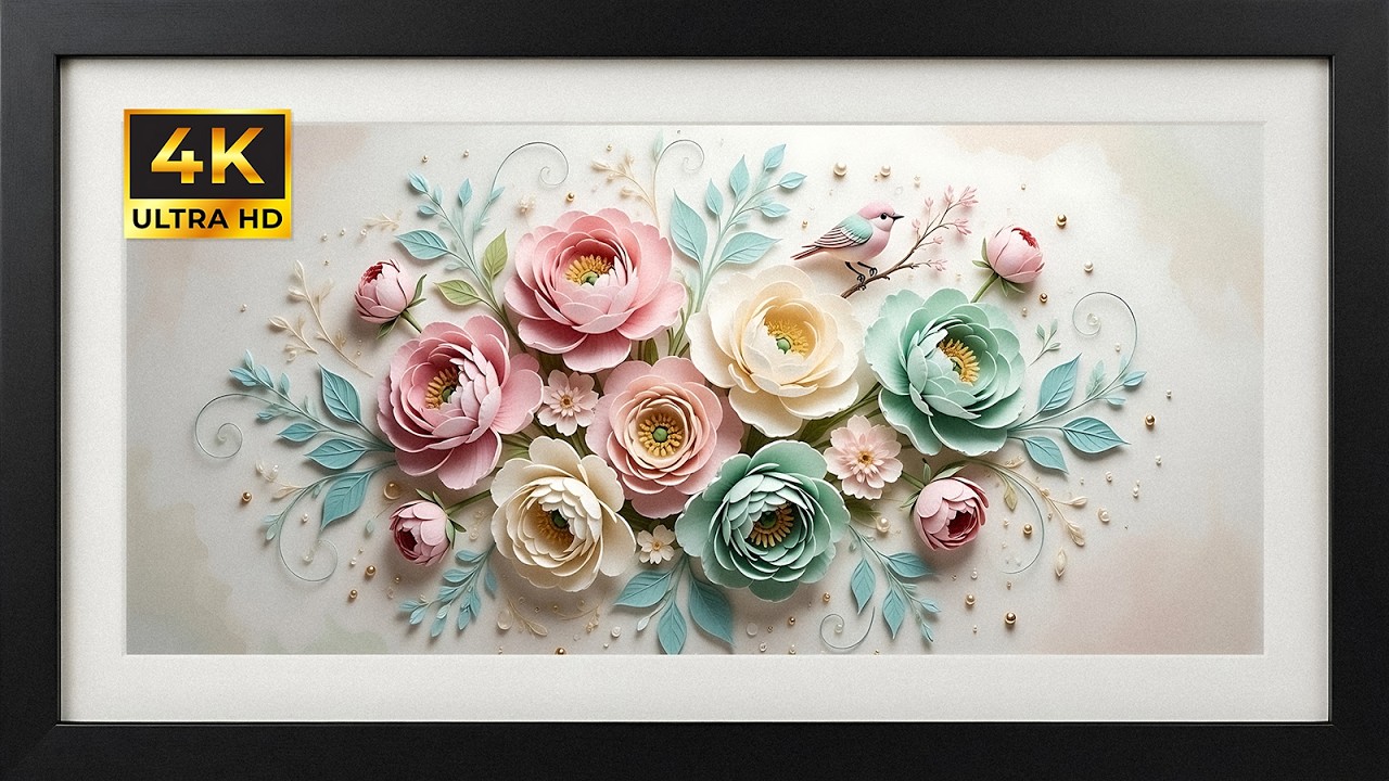 Delicate Pastel Paper Peonies with Bird | Black Framed 4K Art Screensaver | Floral TV Wallpaper