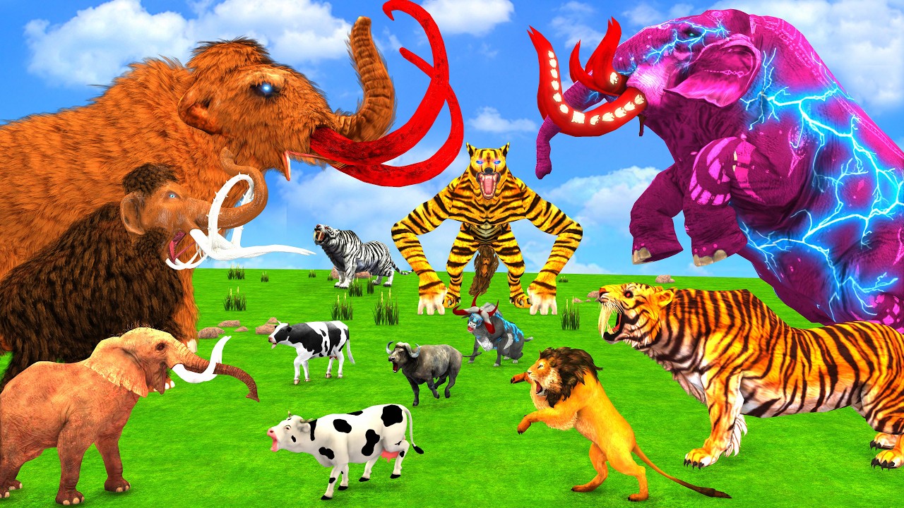 5 Giant Elephant Cow Vs Angry Indian Elephant Vs 5 Giant Lion Bull Tiger wolf Saved By Wolly Mammoth