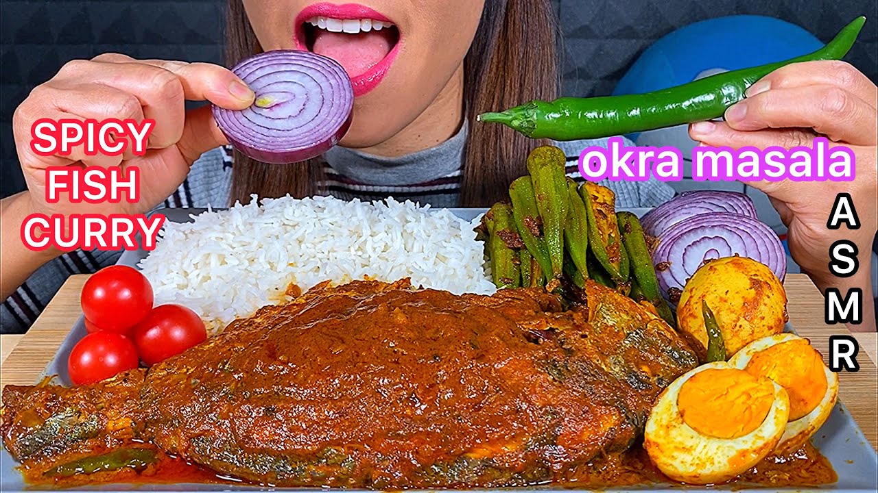 EATING SPICY FISH CURRY, OKRA MASALA, RICE *MAKAN KARI IKAN PEDAS TELUR NASI ASMR