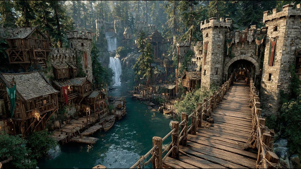 Waterfall Gate of the Forest Riverhold | Medieval Fantasy Music & Animated Ambience