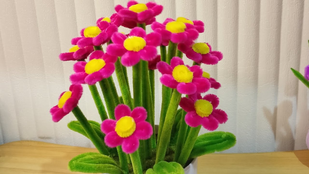 Tutorial Bunga Goyang Simpel dari kawat bulu, bunga Daisy Pink pipe cleaner flowers 