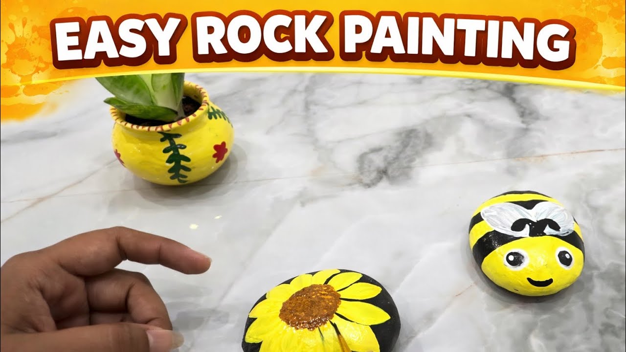 Stone painting || honeybee painting || sunflowers painting || acrylic painting on stone || #painting