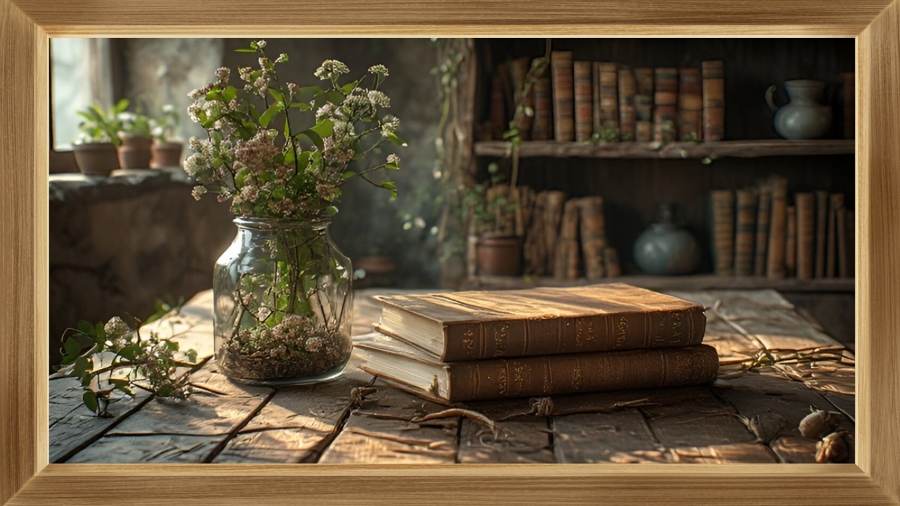 Cuadro enmarcado para TV | Flores y libros estilo rústico 🌸📚 | Ambiente acogedor