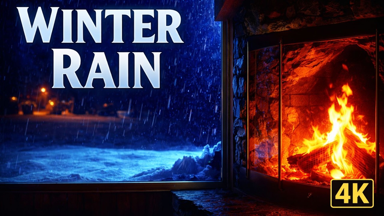كوخ شتوي ممطر ❄️ Fireplace & Heavy Rain Sounds | 4K Deep Sleep Ambience