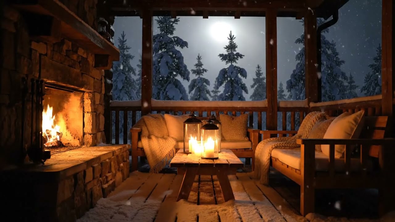 Cozy Winter Porch Jazz | Relaxing Smooth Jazz Fireplace Ambience for Night Relaxation