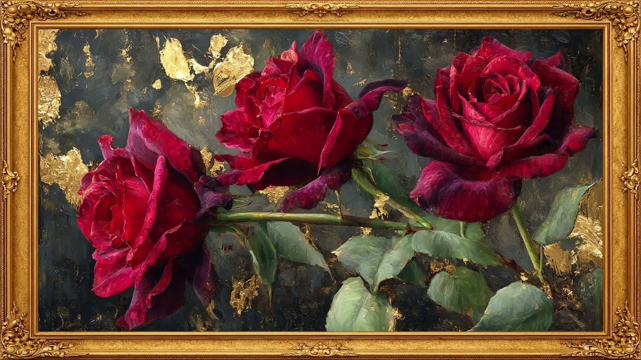 4K Red Roses Oil Painting for Samsung Frame TV | Silent Art Display