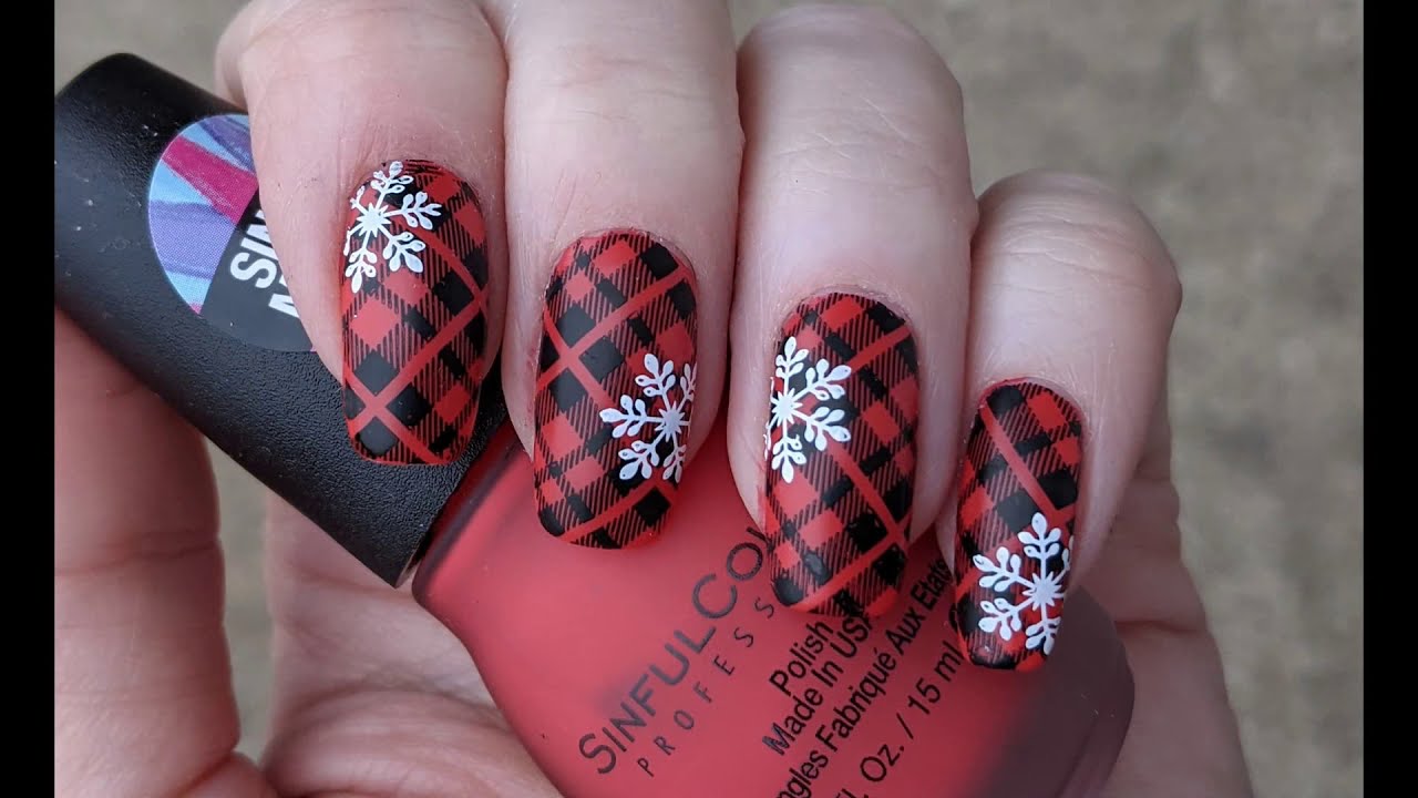 Red Plaid Buffalo Nails Snowflake Design with Nail Stamping
