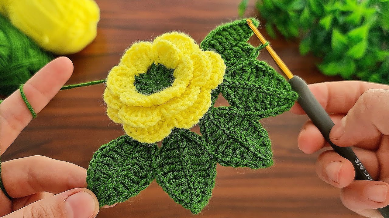 3D💯🌷Crochet Flower💯🌷Crochet tea rose with leaves Crochet flowers Knitting How to crochet a flower?