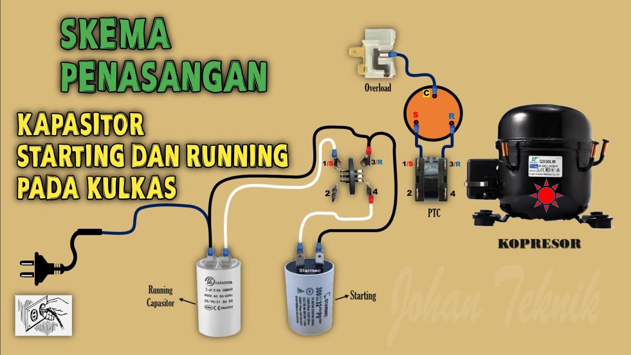 Pasang kapasitor starting dan running pada kompresor  kulkas