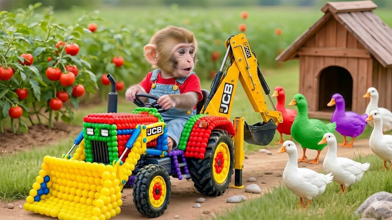Rico Monkey Rebuilds the Duck House After a Shocking Escape! JCB 3cx Tractor Excavator Help MONKEY