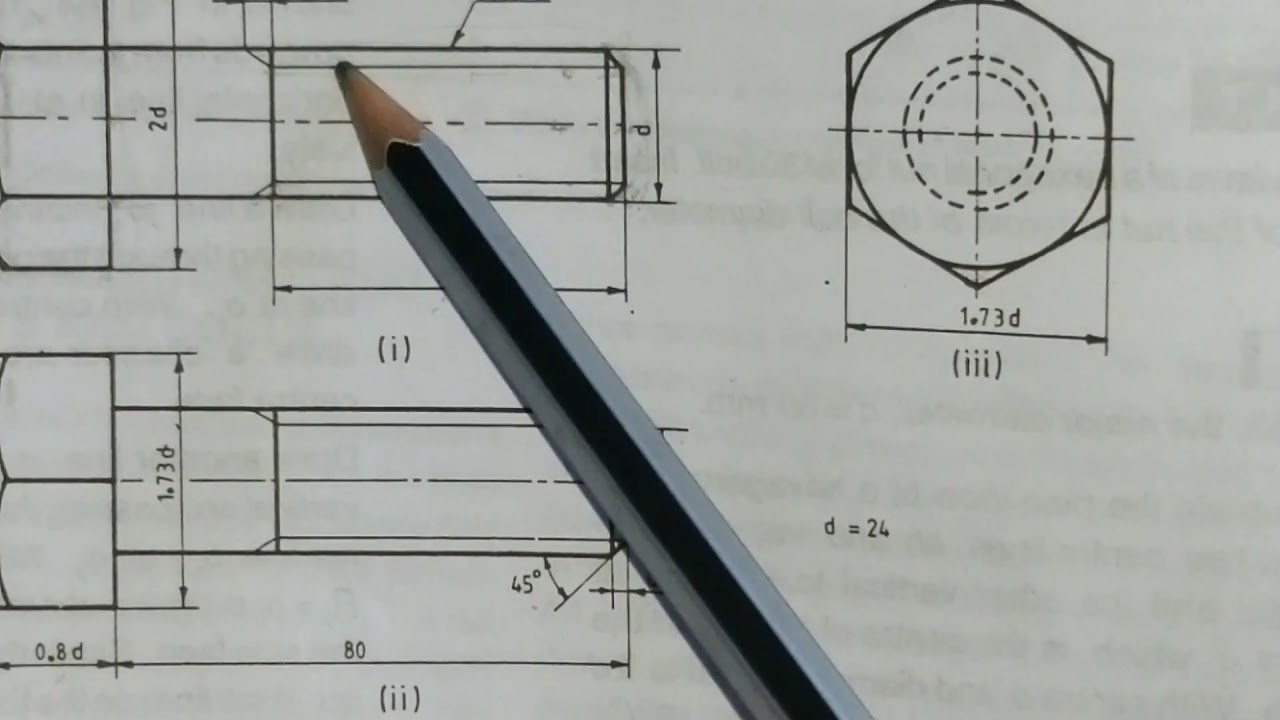 Hexagonal headed bolt. Machine drawing in Malayalam.