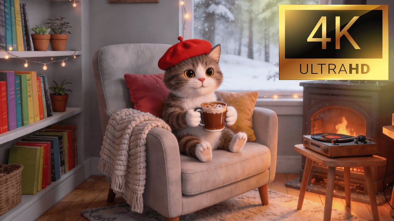Lofi Winter Jazz – Cute Cat & Chocolate | Lofi Chill & Relaxation Background 4k  SUPER QUALITY