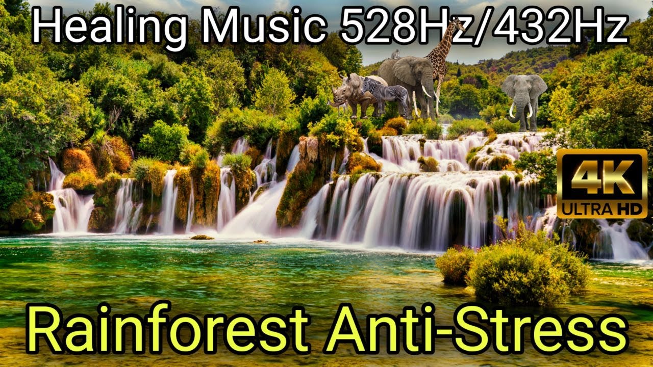 Rainforest Anti Stress • 9 Hours 4K — Jungle Rivers, Waterfalls & Healing Music 528Hz432Hz