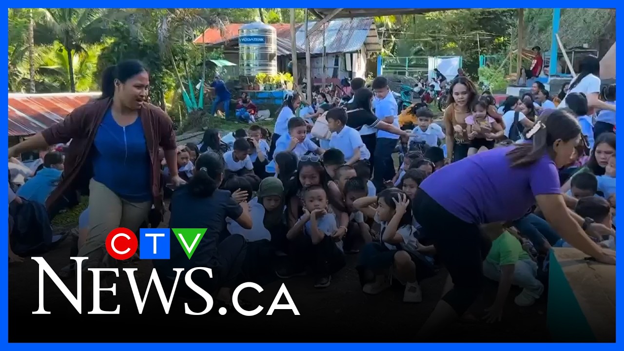 Earthquake causes structure to collapse near a group of children in the Philippines