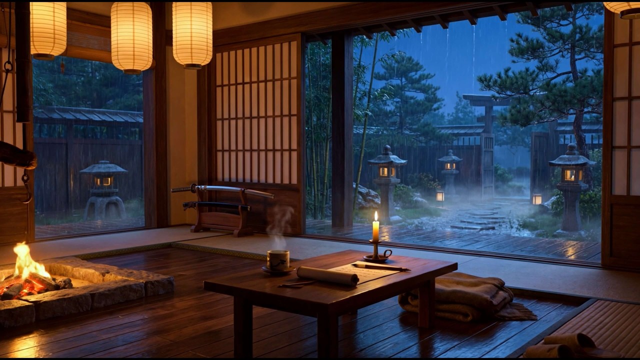 Samurai Temple Ambience ⛩️🔥 | Heavy Rain Outside + Warm Firelight | 2 Hours Sleep & Study