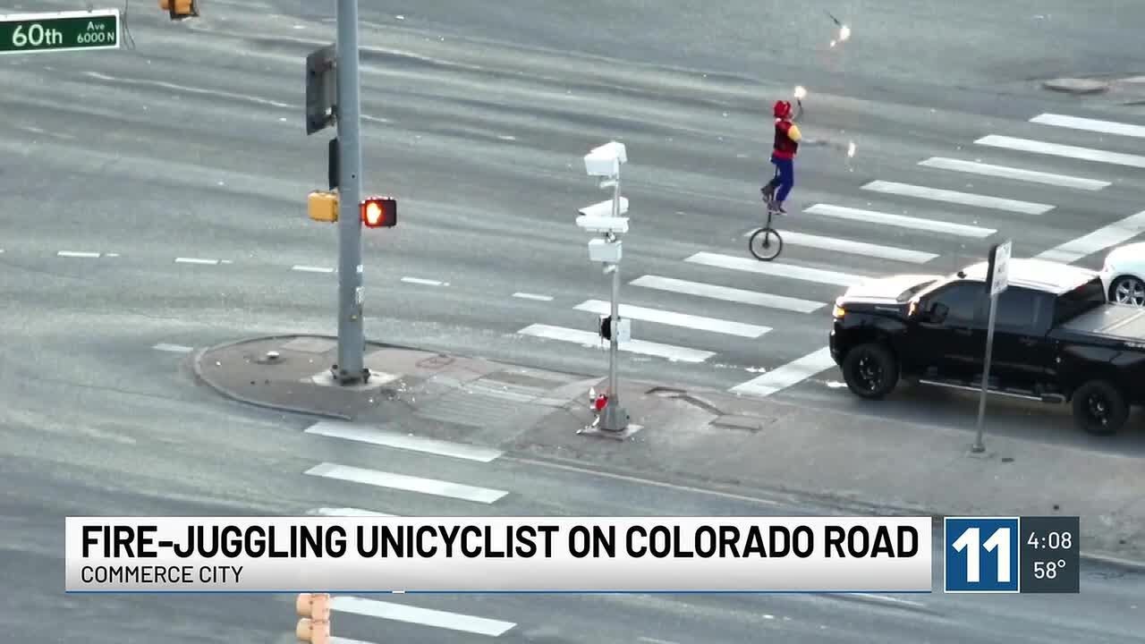‘Not on our Bingo card:’ Police respond to Commerce City intersection for fire-juggling unicyclis...