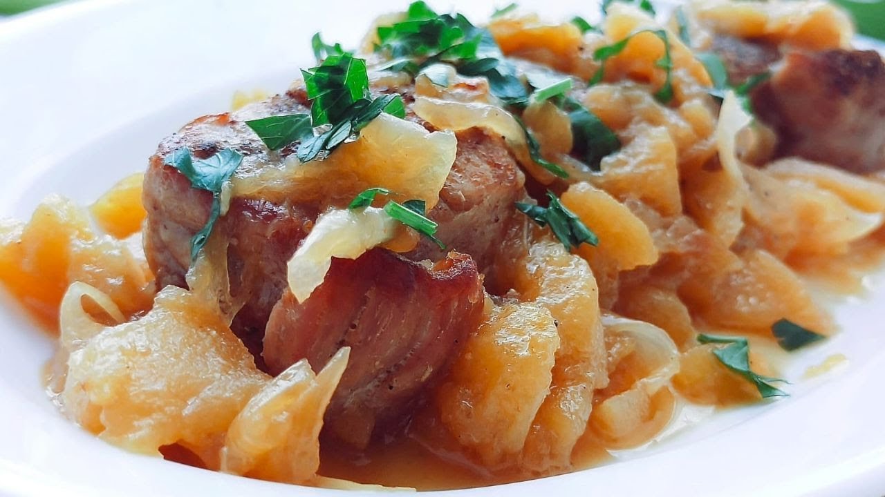 Как вкусно приготовить мясо на сковороде. Свиная вырезка на сковороде. Свиная вырезка с яблоками#412