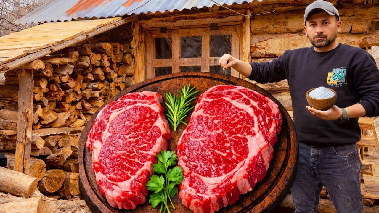 Fire-Cooked Steak in My Hidden Forest Hut
