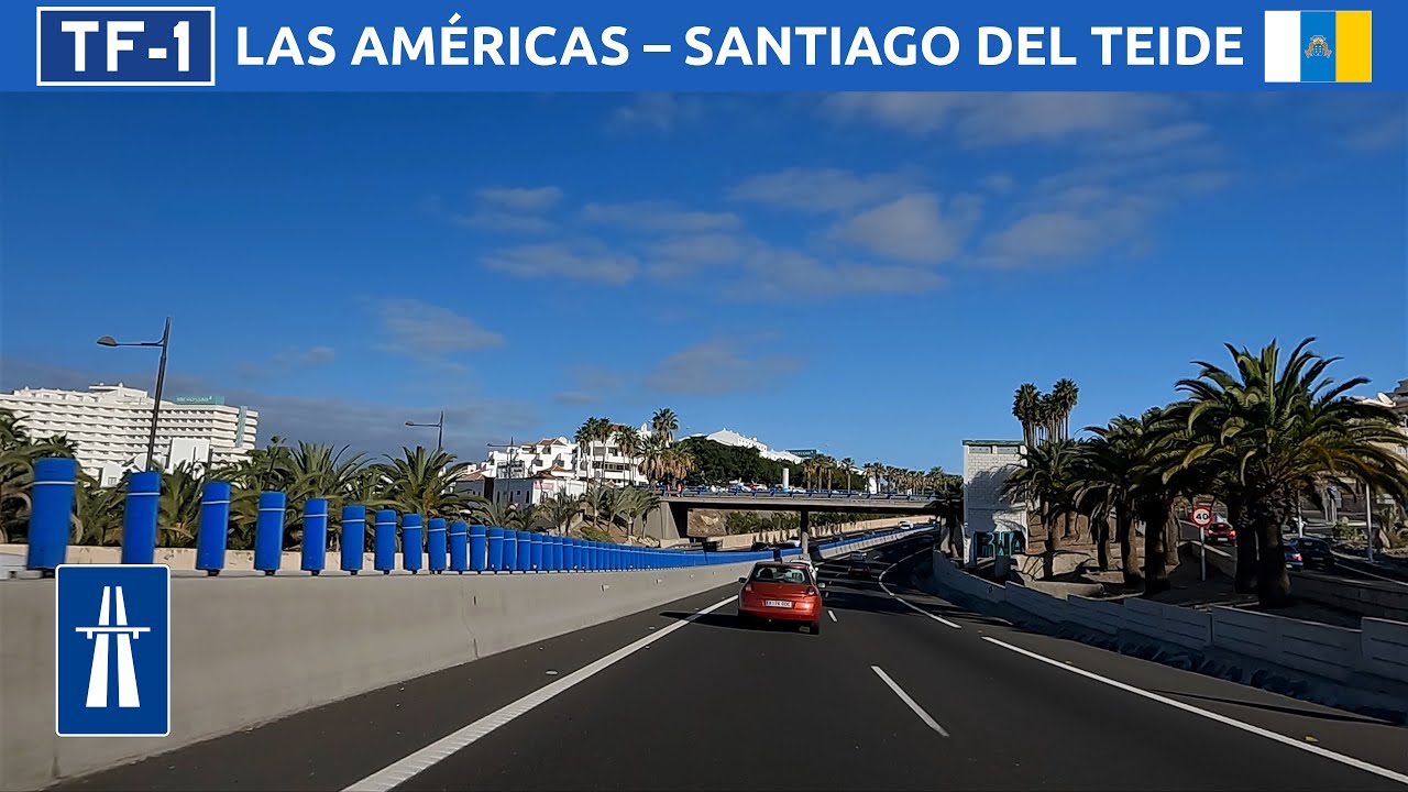 Driving in Tenerife. Autopista del Sur (TF-1) from Playa de las Américas to Santiago del Teide. 4K