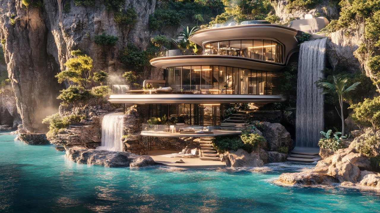 Villa de Luxe Sculptée dans la Falaise avec Cascades Naturelles - Architecture Incroyable