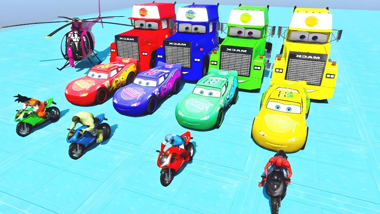 GTA V Plus Spider man super stunt McQueen cars racing challenge Homem aranha de Helicóptero