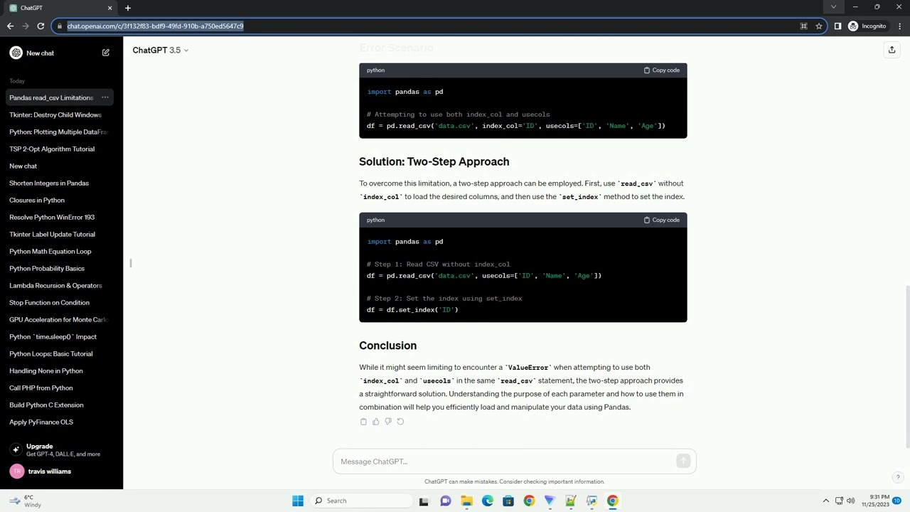 python pandas Why can t I use both index col and usecols in the same read csv statement raised value