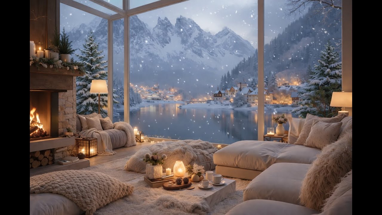 Tranquil Winter Morning by the Lake with Soft Piano, Gentle Snowfall and Cozy Fireplace Ambience